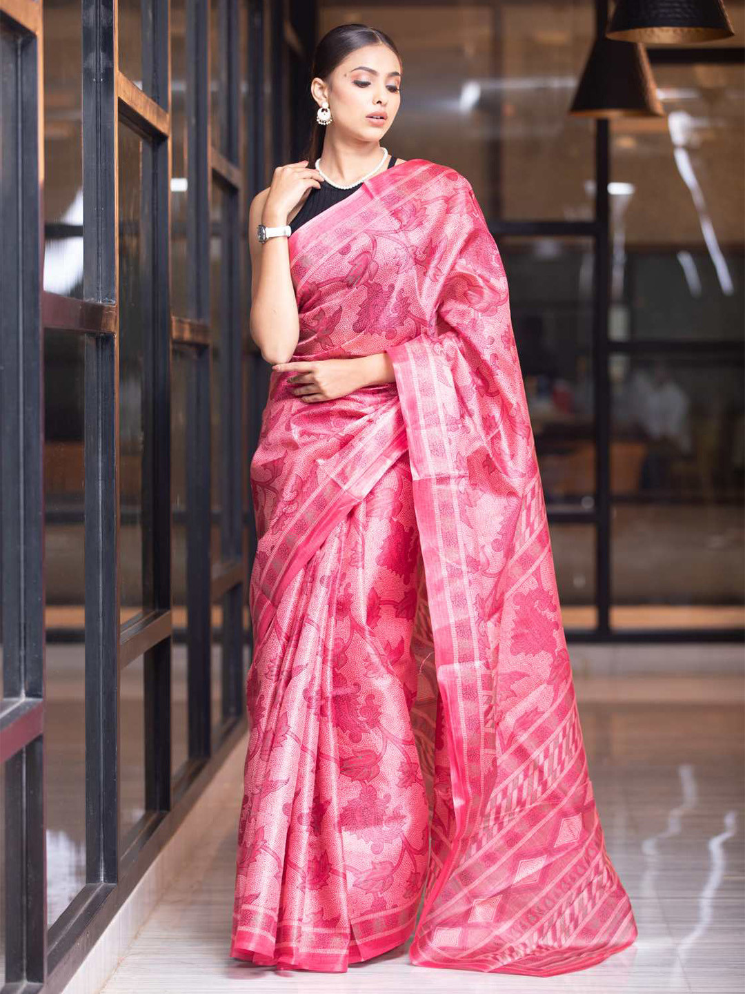 KARAGIRI Pink & White Floral Silk Blend Saree