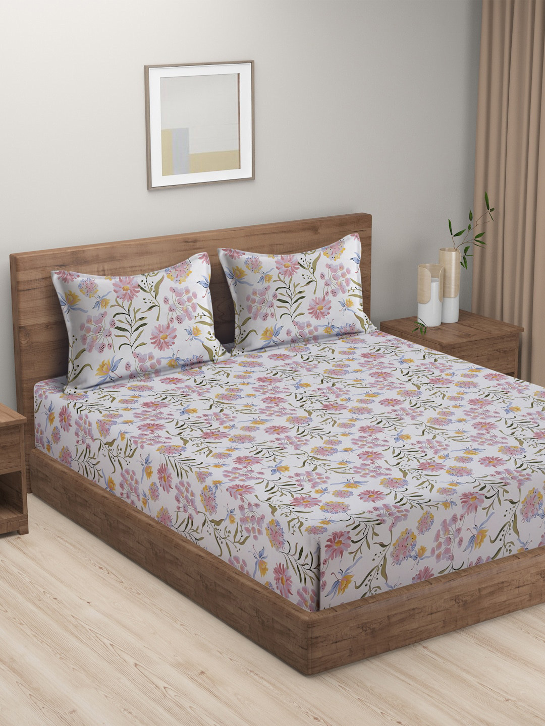 HOSTA HOMES White Floral Polycotton 300 TC Fitted King Fine Bedsheet with 2 Pillow Covers-250 x 220 cm