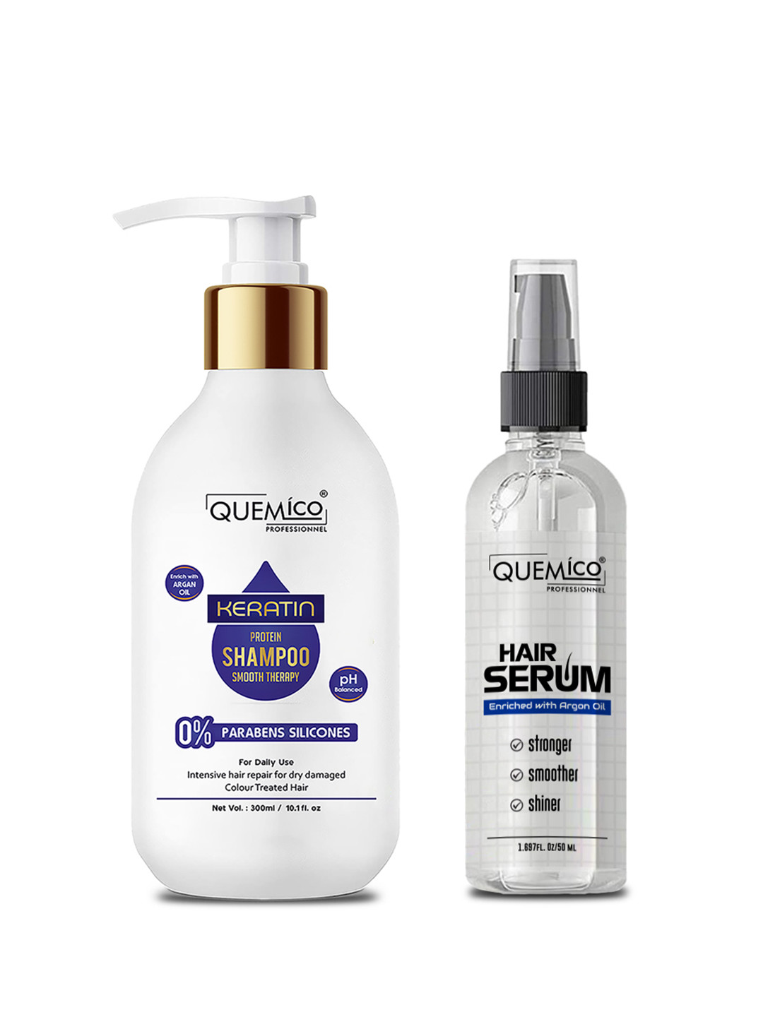 Quemico Professionnel Set Of 2 Keratin Protein Shampoo (300ml) & Hair Serum (50ml)