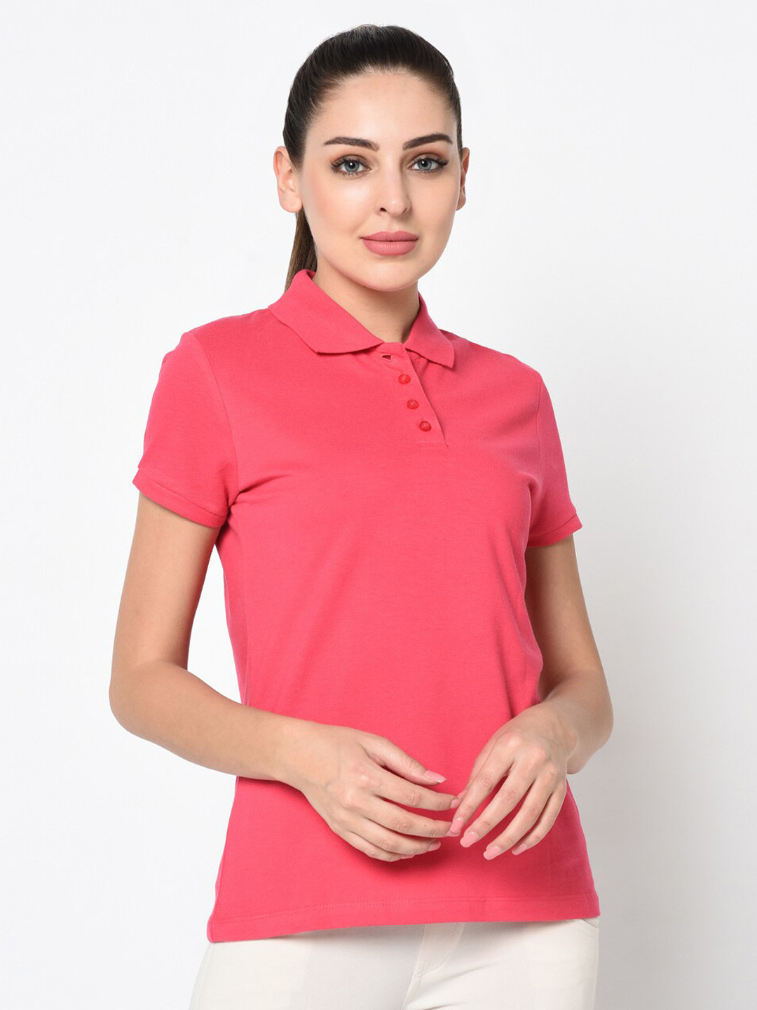 SHARKTRIBE Women Fuchsia Polo Collar Slim Fit T-shirt