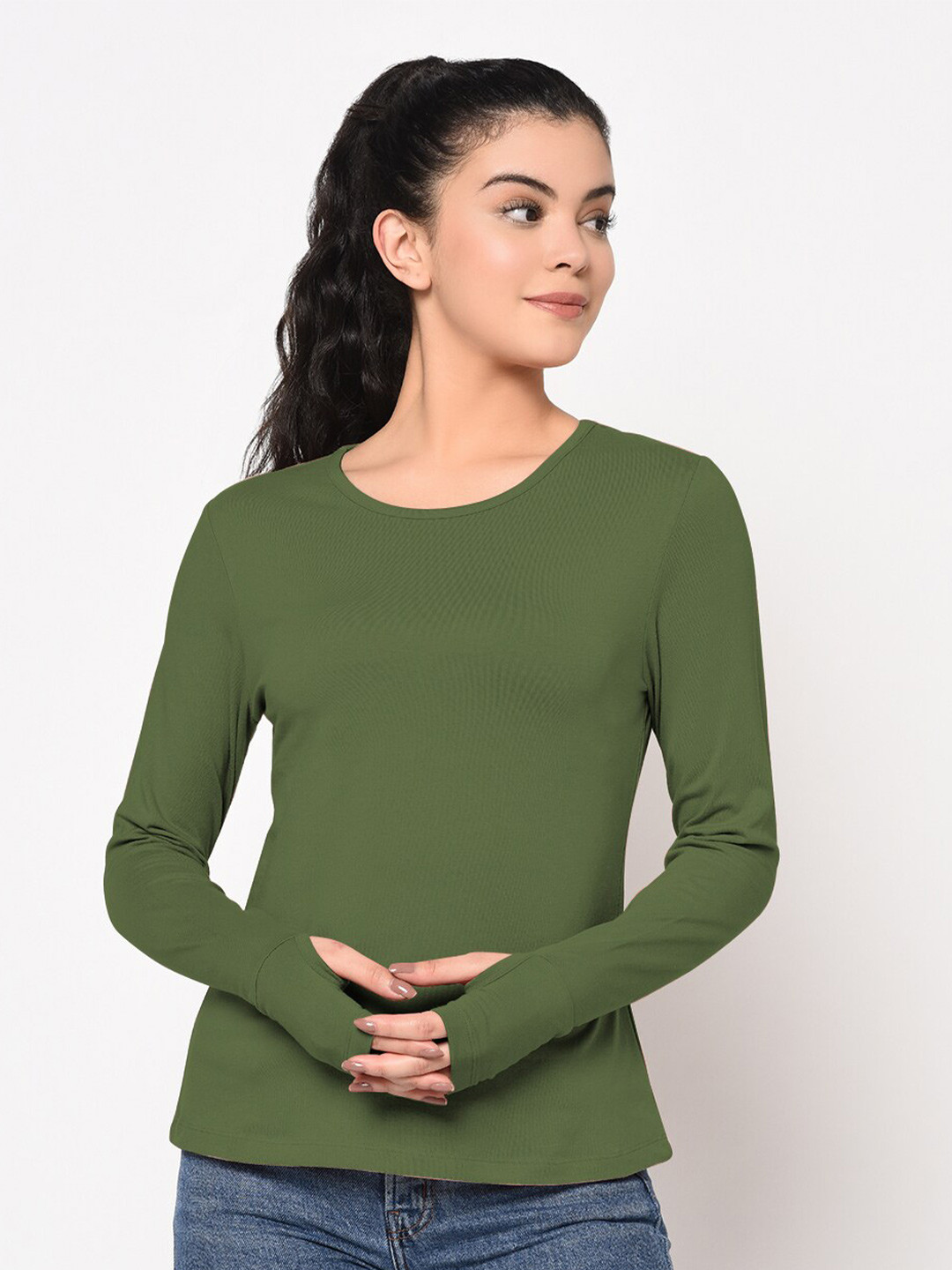 SHARKTRIBE Women Olive Green Slim Fit T-shirt