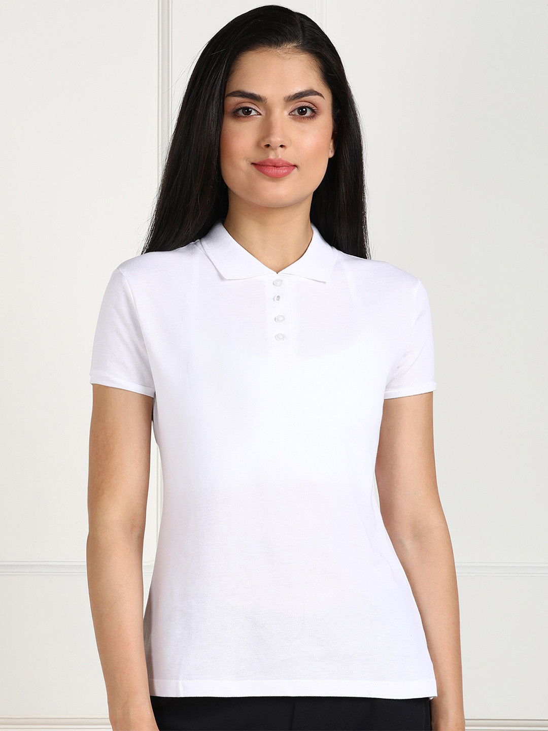 SHARKTRIBE Women White Polo Collar Slim Fit T-shirt