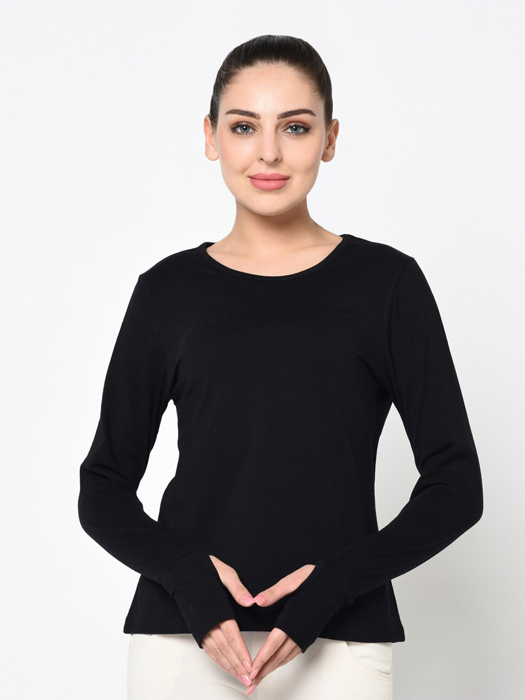 SHARKTRIBE Women Black Monochrome Slim Fit Cotton T-shirt