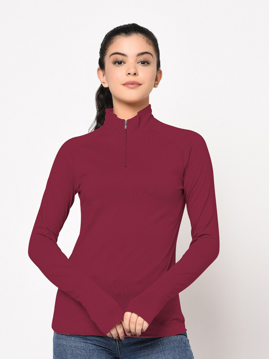 SHARKTRIBE Women Burgundy Turtle Neck Slim Fit T-shirt