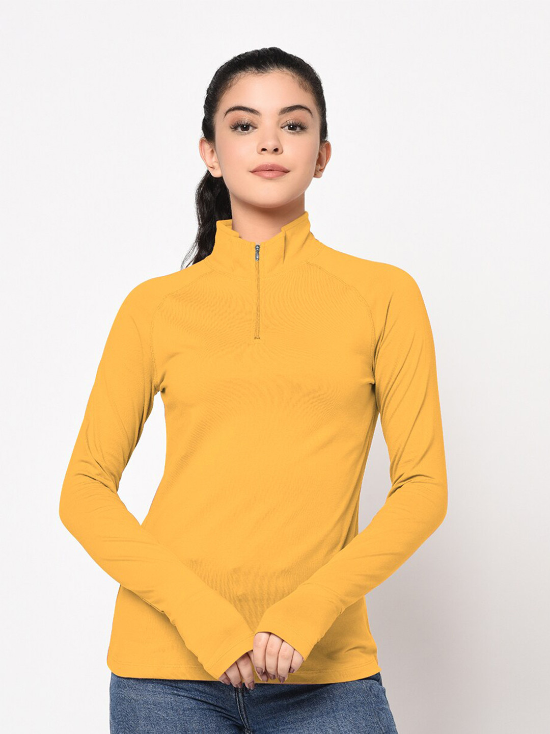 SHARKTRIBE Women Mustard Yellow Turtle Neck Slim Fit T-shirt