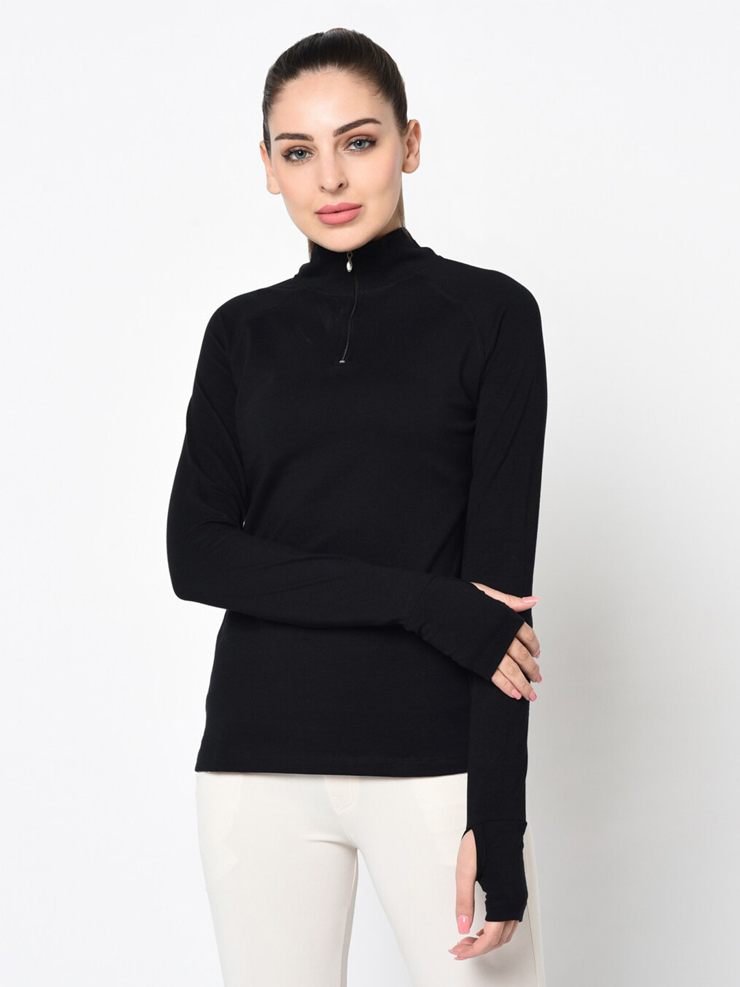 SHARKTRIBE Women Black High Neck Thumb Sleeve Slim Fit T-shirt