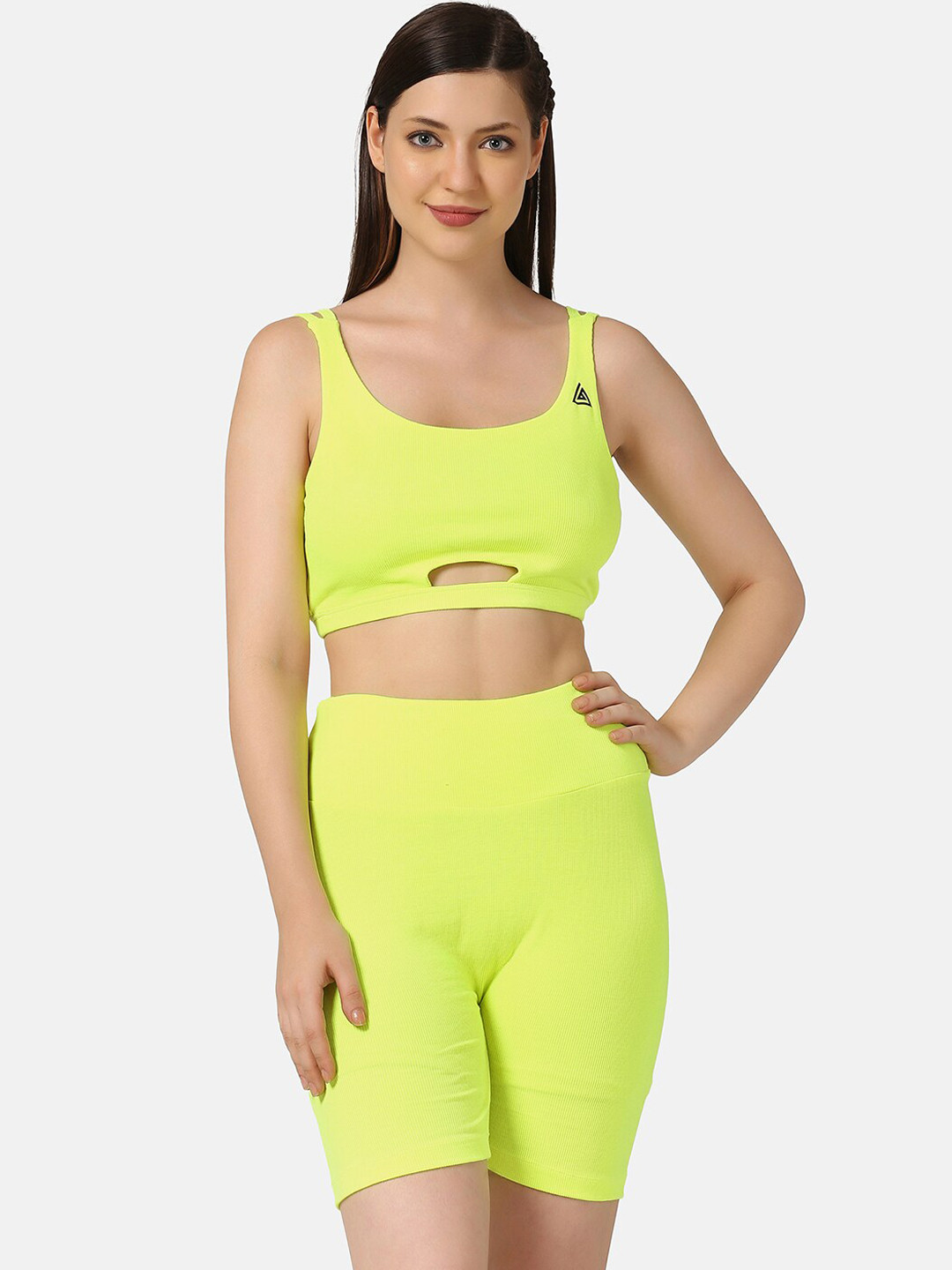 Aesthetic Bodies Women Neon Green Solid Sculpt Rib Biker Co Ords