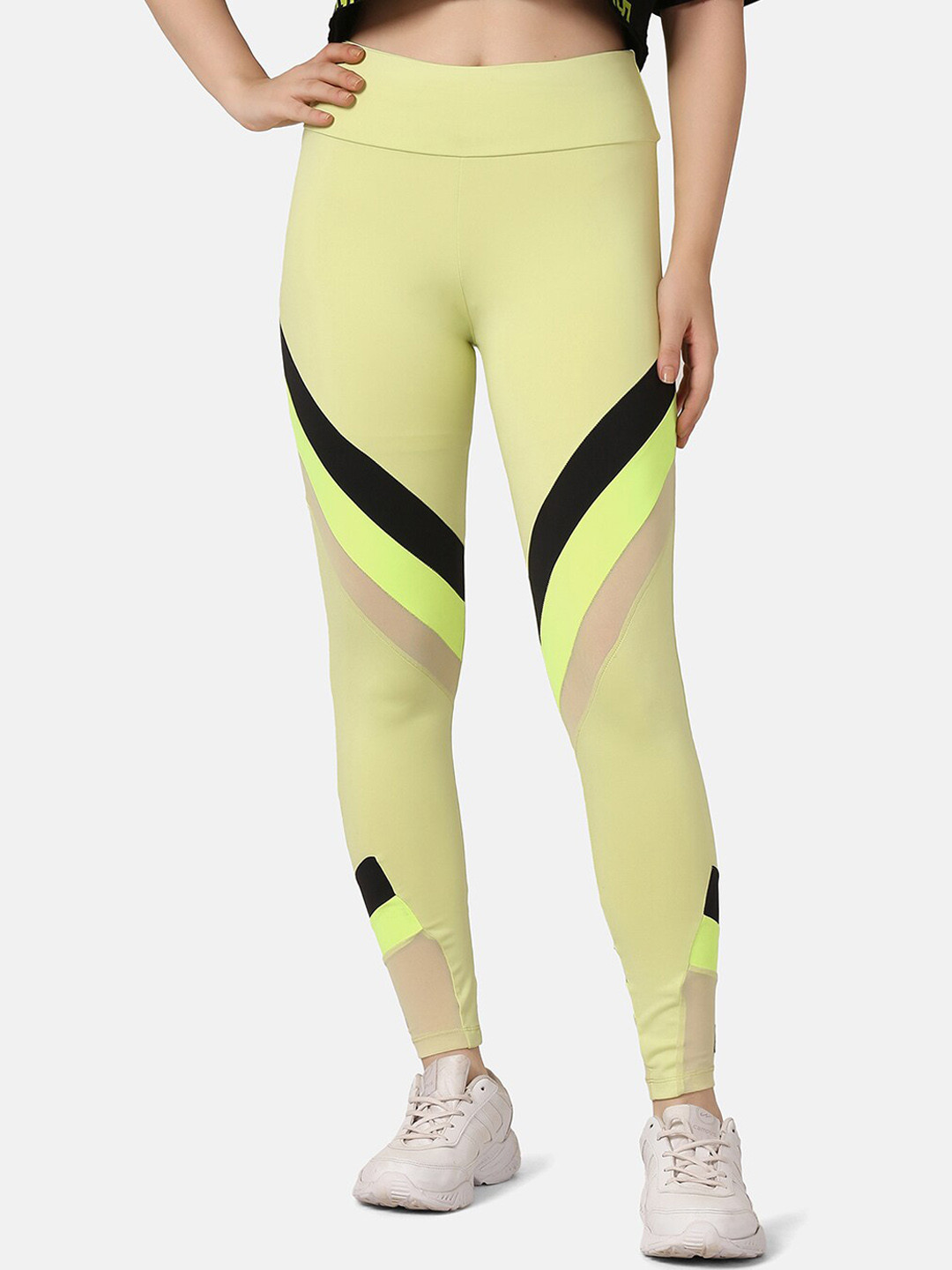 Aesthetic Bodies Women Fluorescent Green Striped Sports Tights