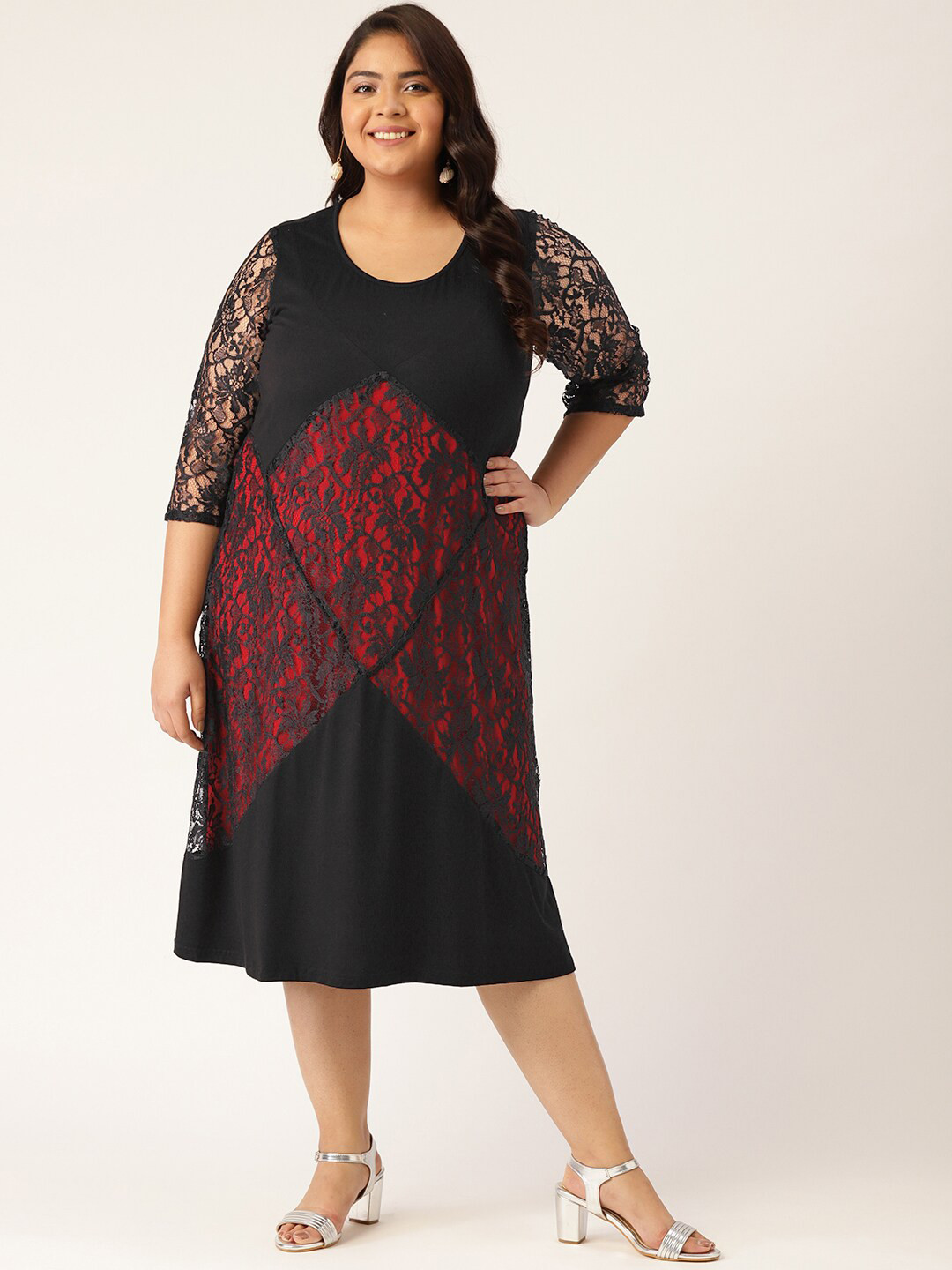 theRebelinme Plus Size Red Floral A-Line Midi Dress