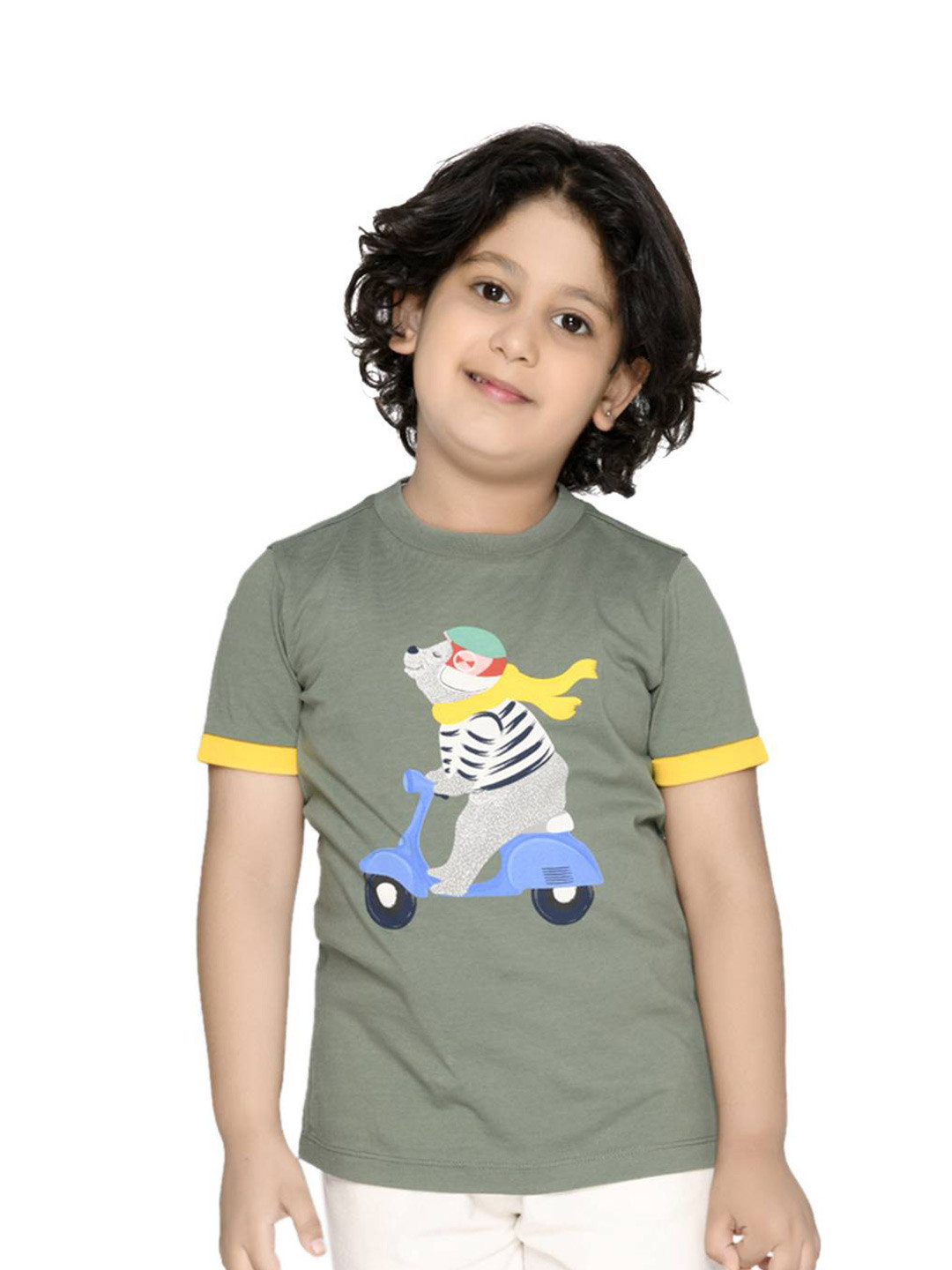 SPUNKIES Boys Olive Green Printed Organic Cotton T-shirt