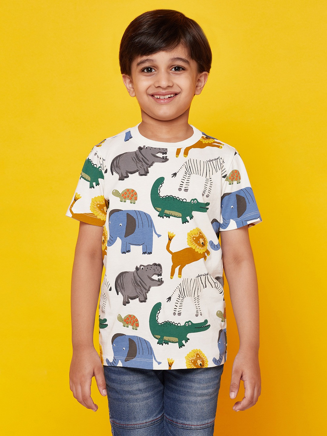 SPUNKIES Boys White  Organic MR SAFARI ANIMAL TOP Printed Organic Cotton T-shirt