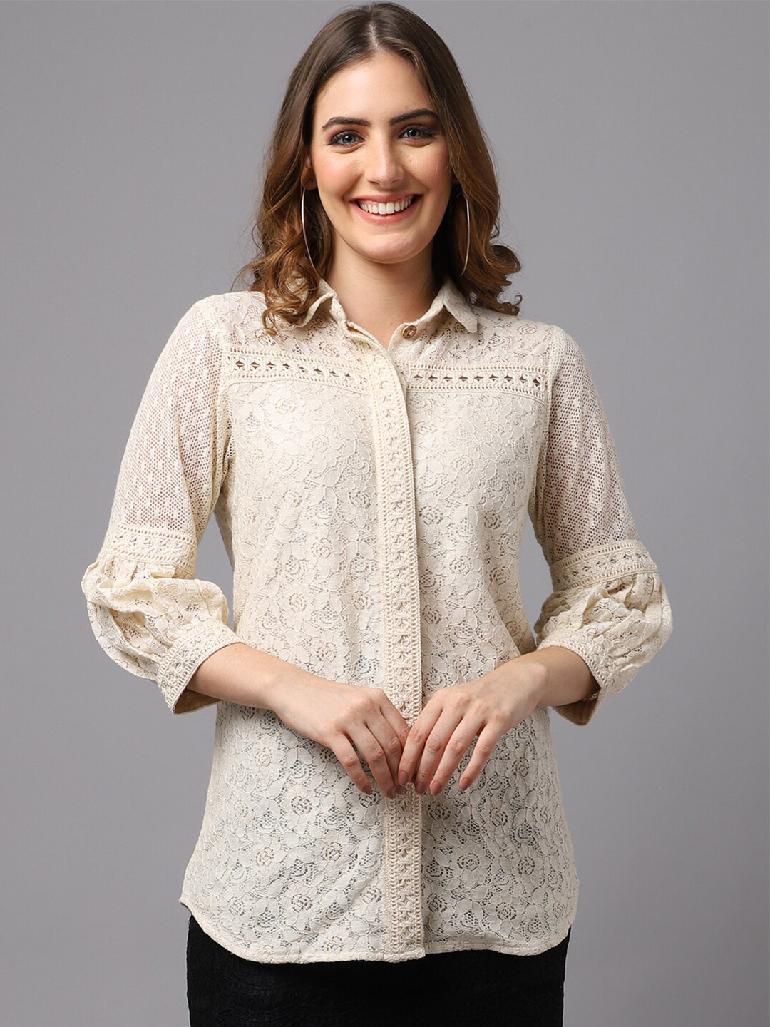 Tulsattva Women Beige Schiffli lace Shirt