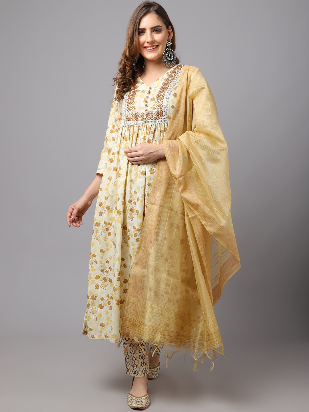 Tulsattva Women Brown Floral Yoke Design Empire Gotta Patti Kurta with Trousers & With Dupatta