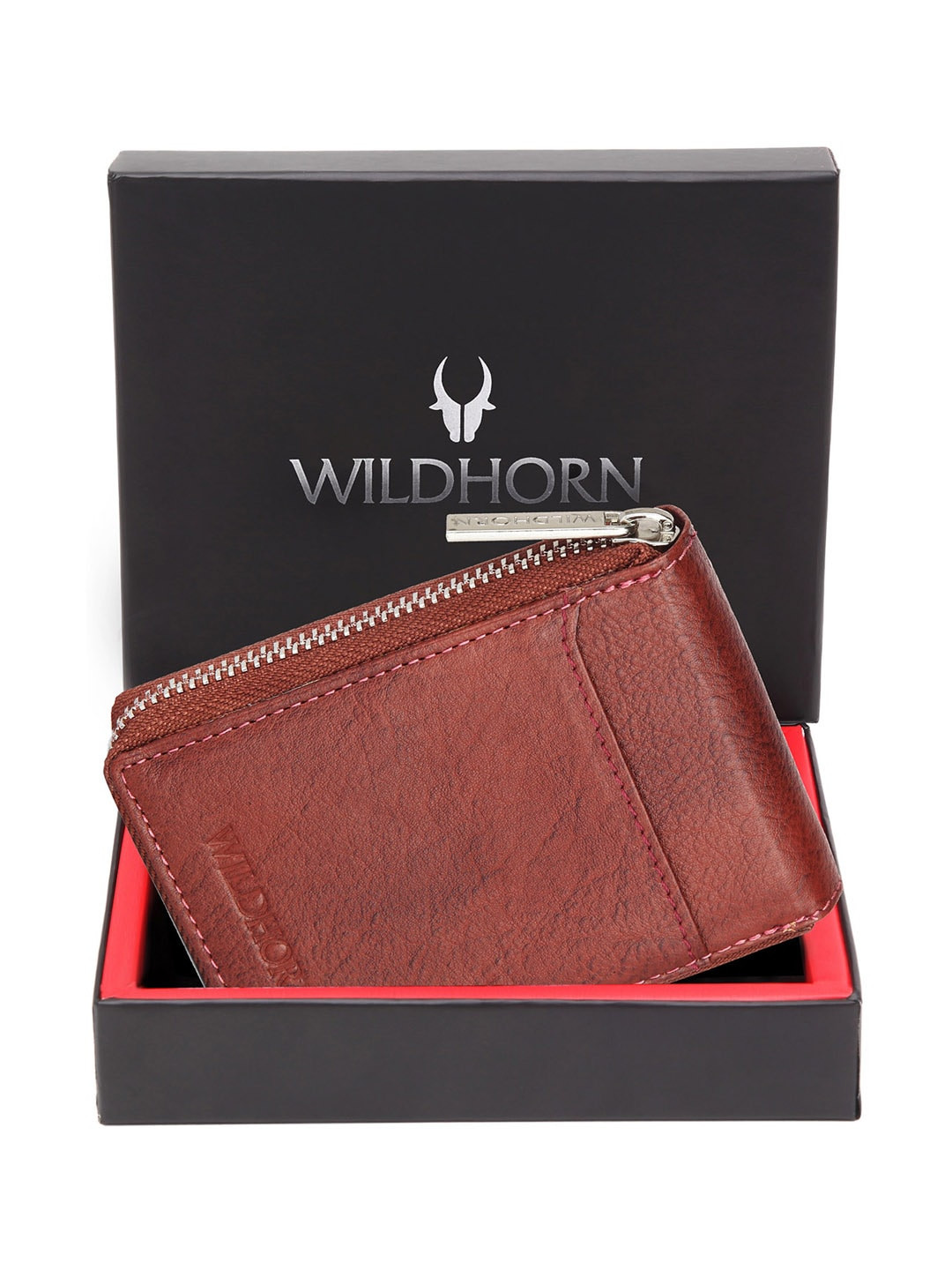 WildHorn Unisex Maroon Leather Zip Around Card Holder Wallet