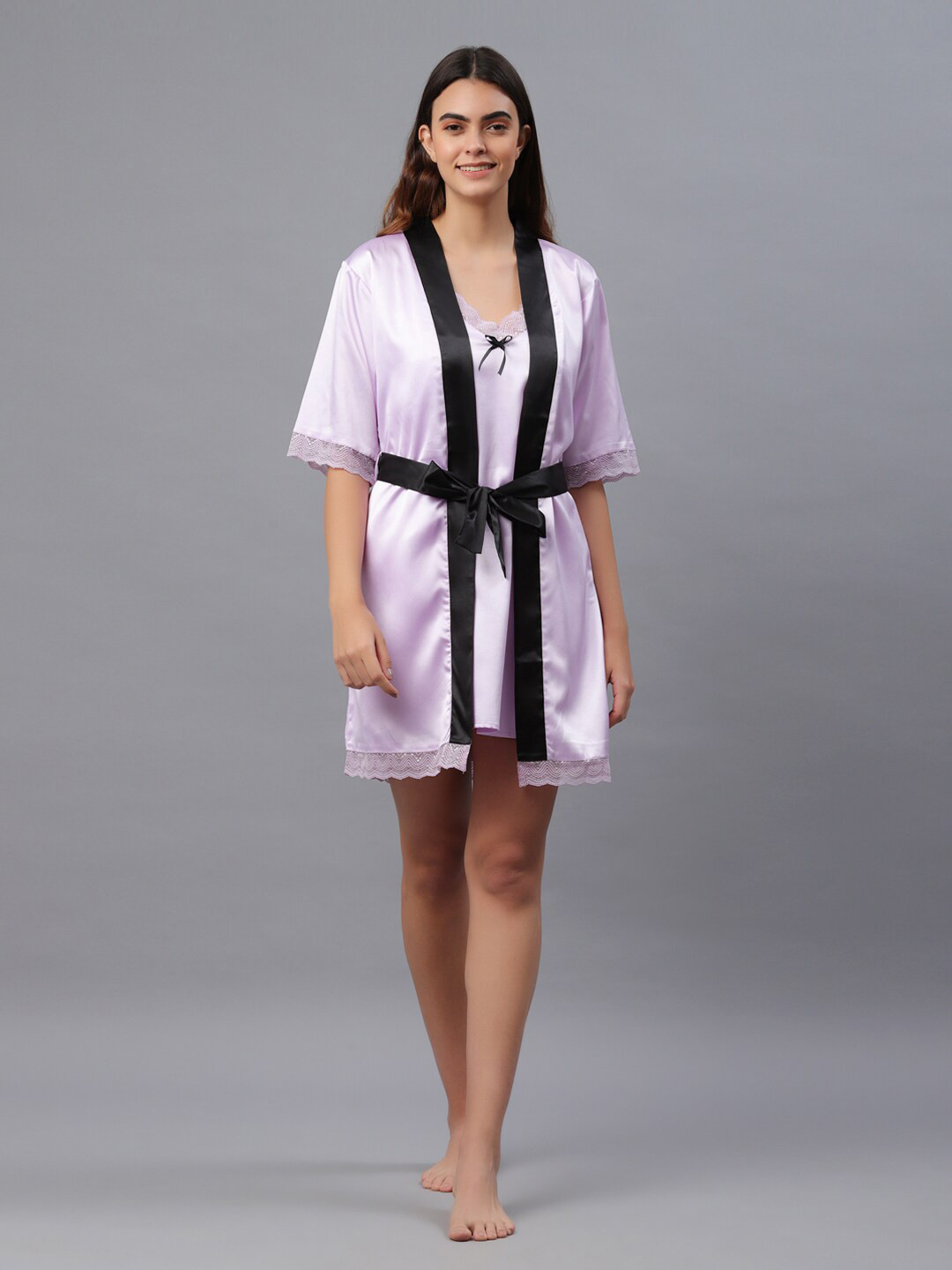 Fuchsia  Shoulder Straps Satin Nightdress With Robe