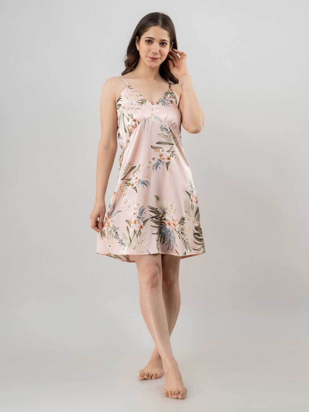 Fuchsia  Floral Printed Shoulder Straps Satin Nightdress With Robe