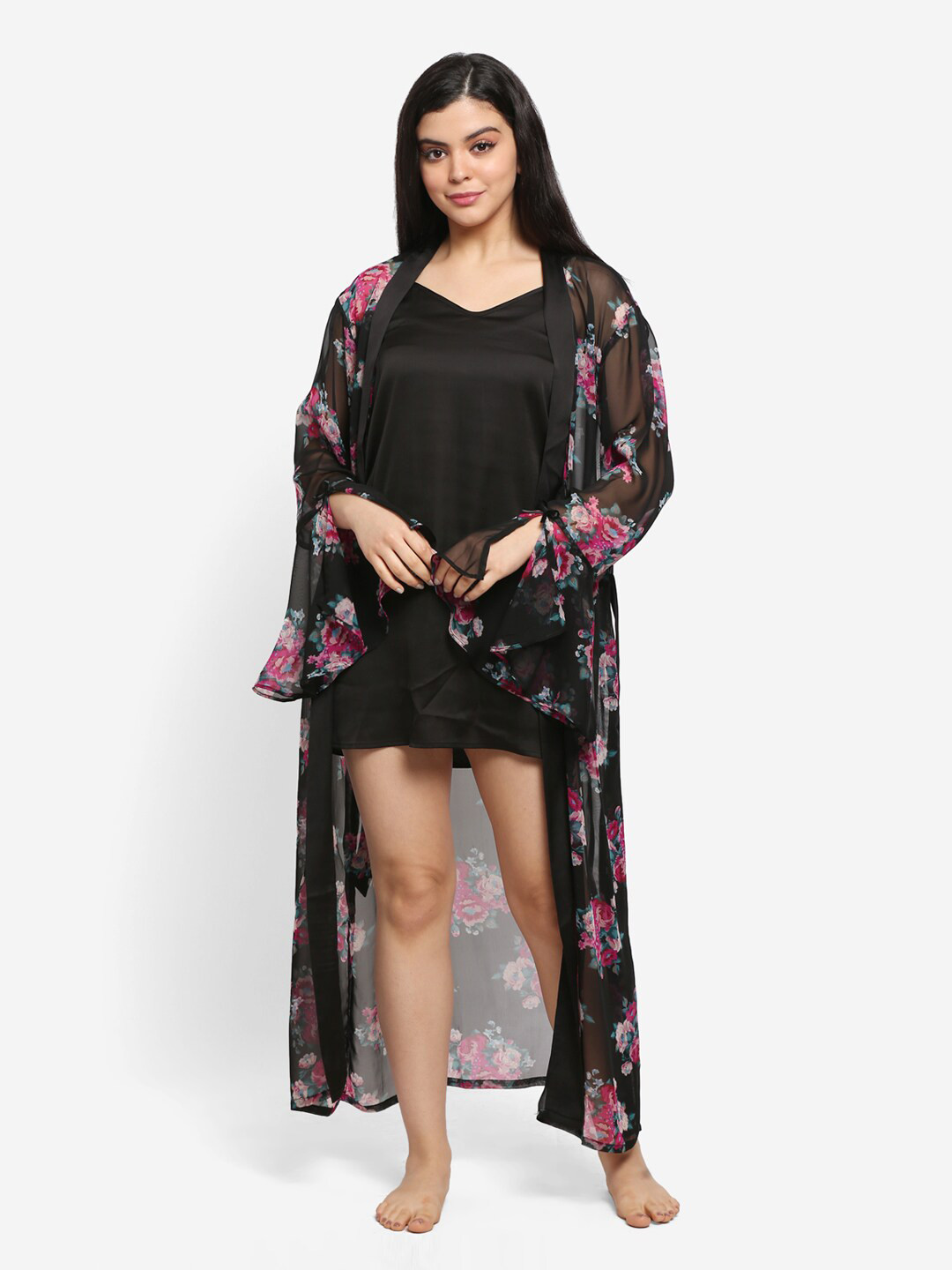 Fuchsia  Shoulder Straps Satin Nightdress With Printed Robe