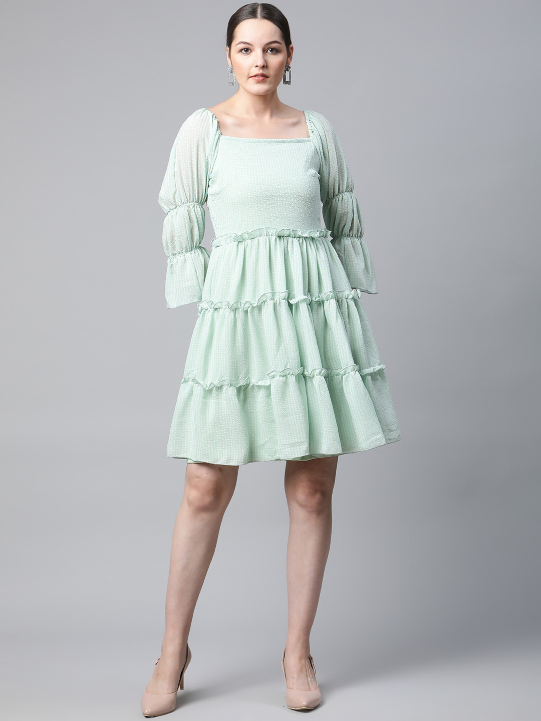 plusS Mint Green Self Design Bell Sleeves A-Line Tiered Dress