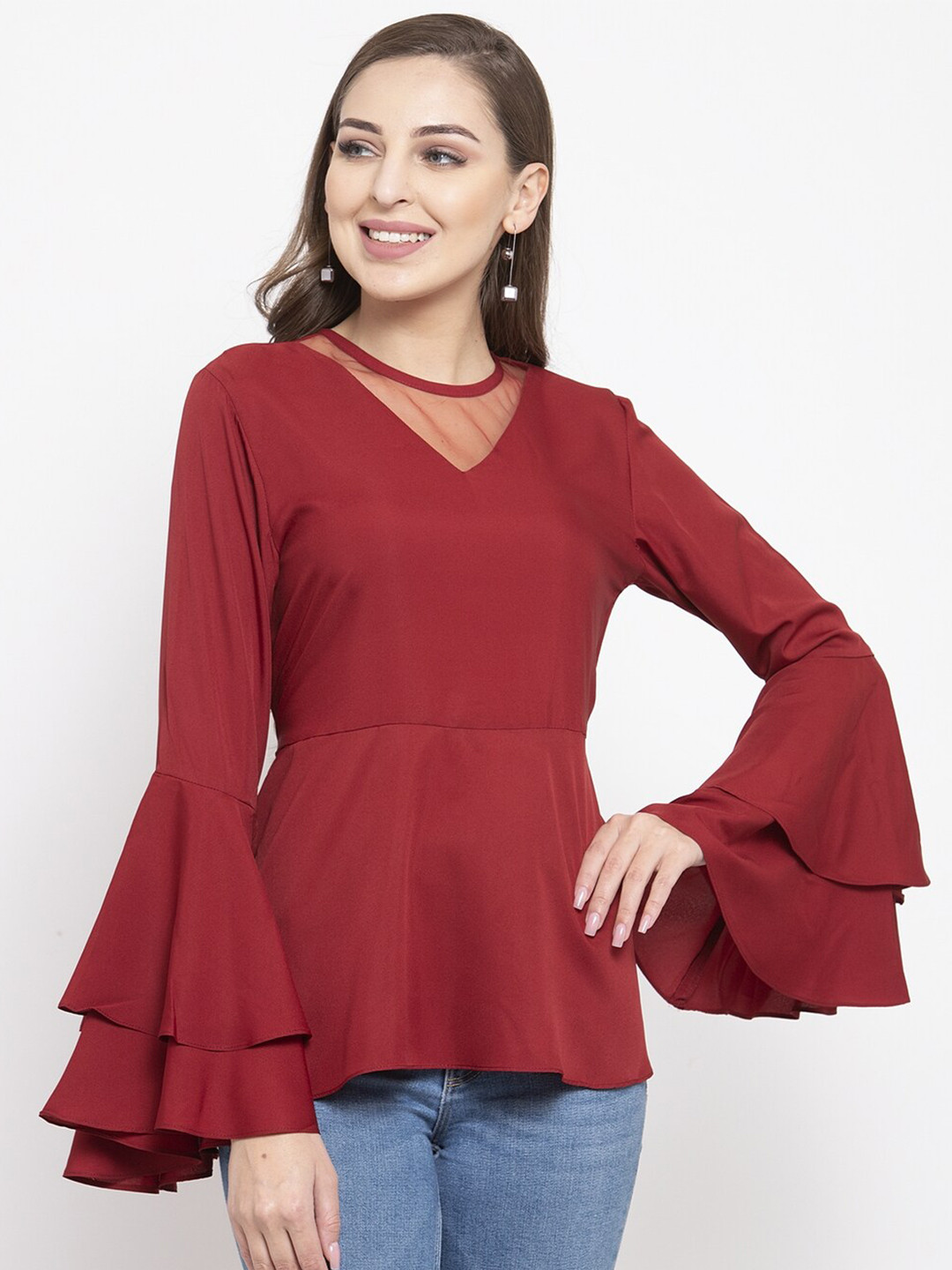 Claura Maroon Layered Bell Sleeves Crepe Peplum Top
