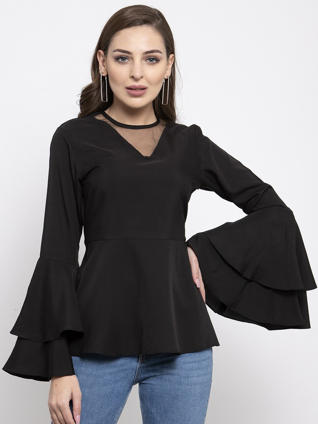 Claura Black Choker Neck Crepe Peplum Top
