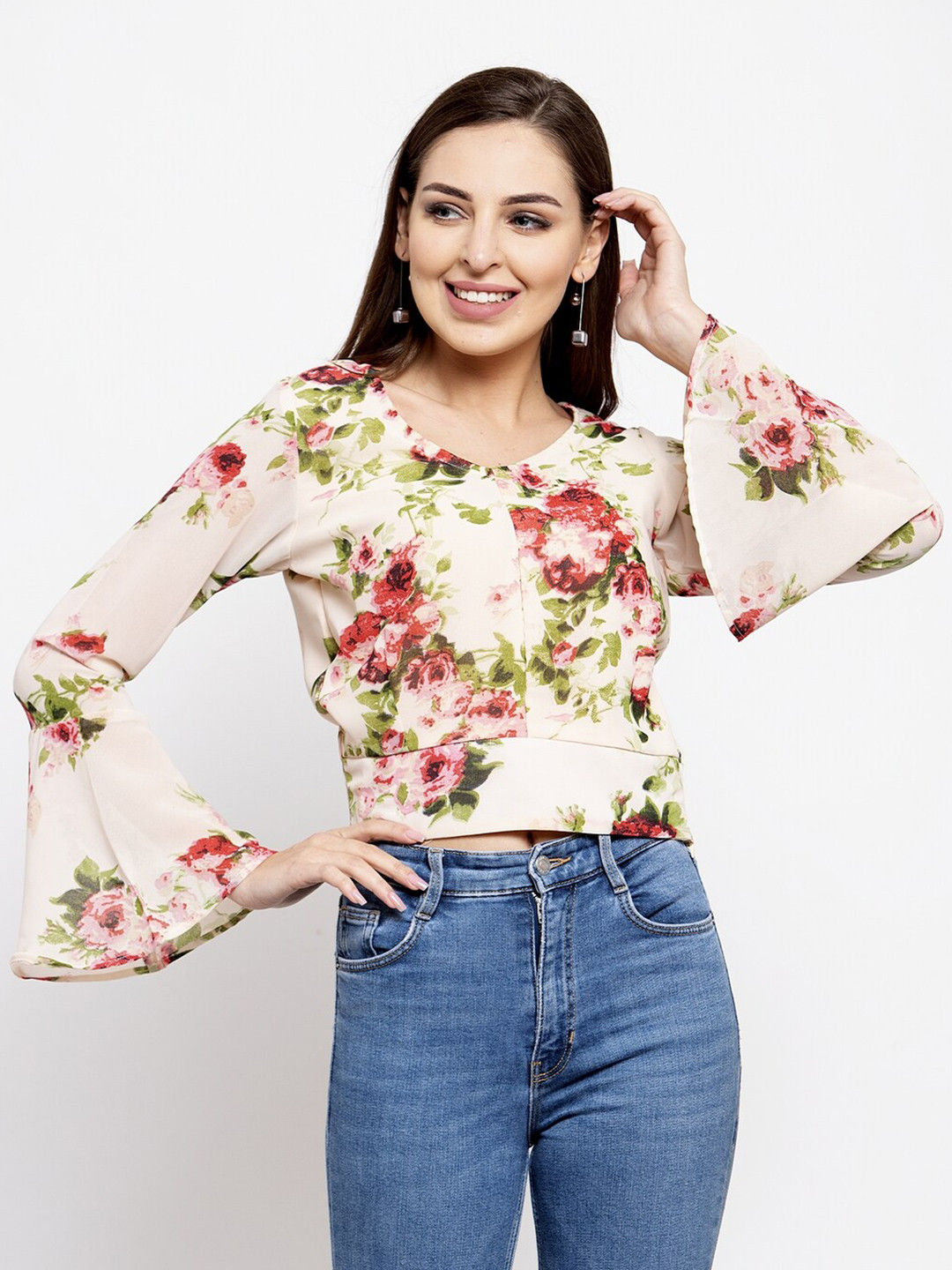 Claura Cream-Coloured & Red Floral Print Georgette Crop Top