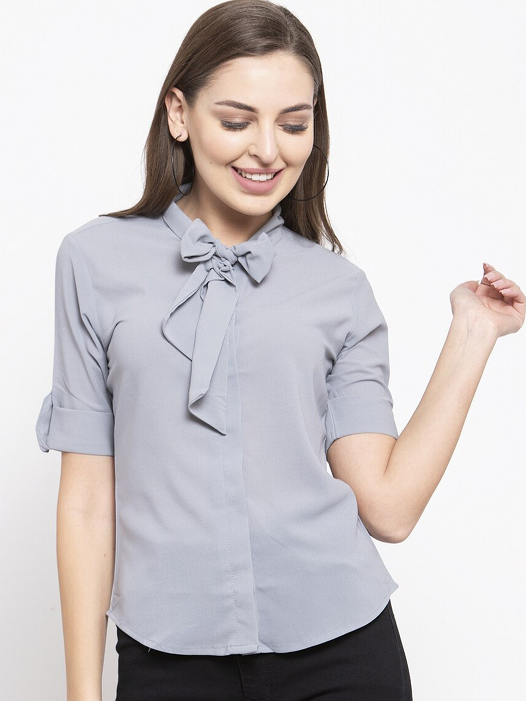 Claura Grey Tie-Up Neck Roll-Up Sleeves Georgette Shirt Style Top
