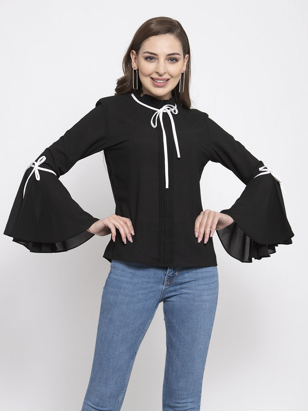 Claura Women Black Solid Bell Sleeves Georgette Top