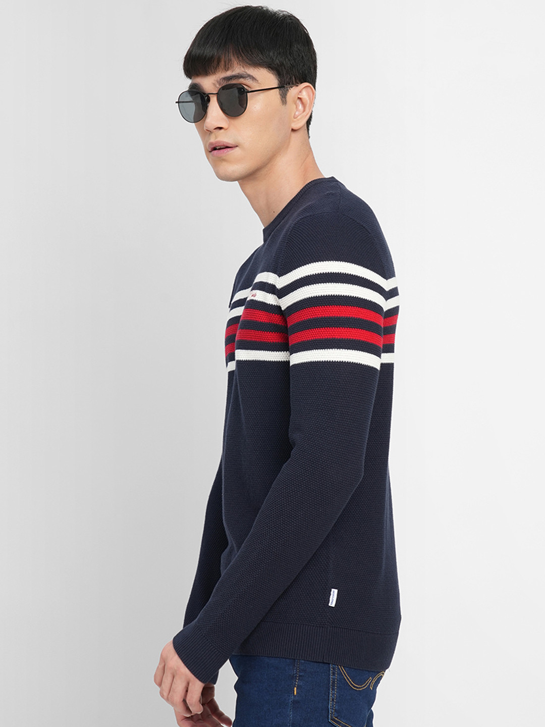 Jack & Jones Men Blue & Red Pure Cotton Striped Striped Pullover Sweaters