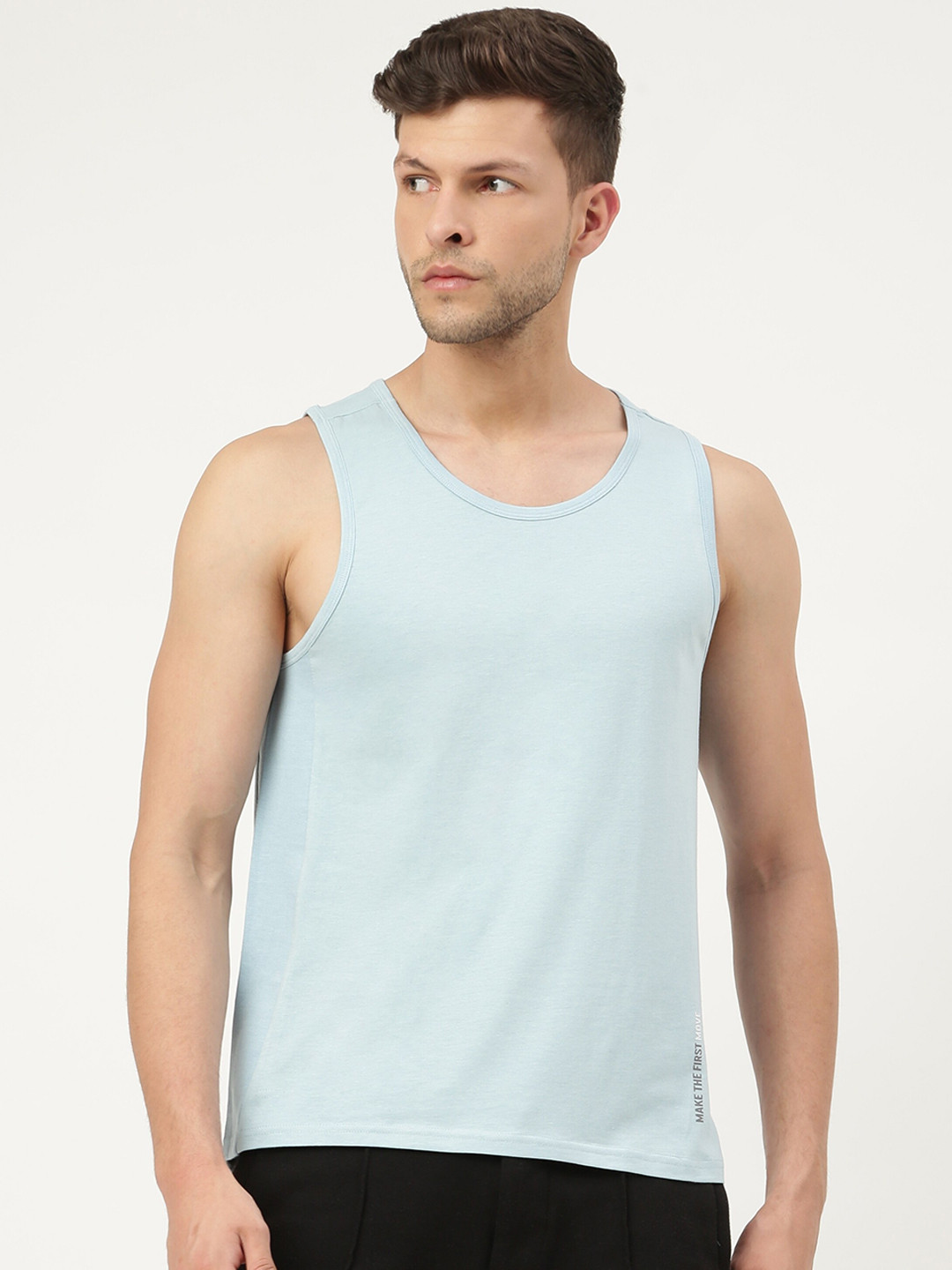 FREECULTR Men Turquoise Blue Solid Bamboo Cotton Gym Vests