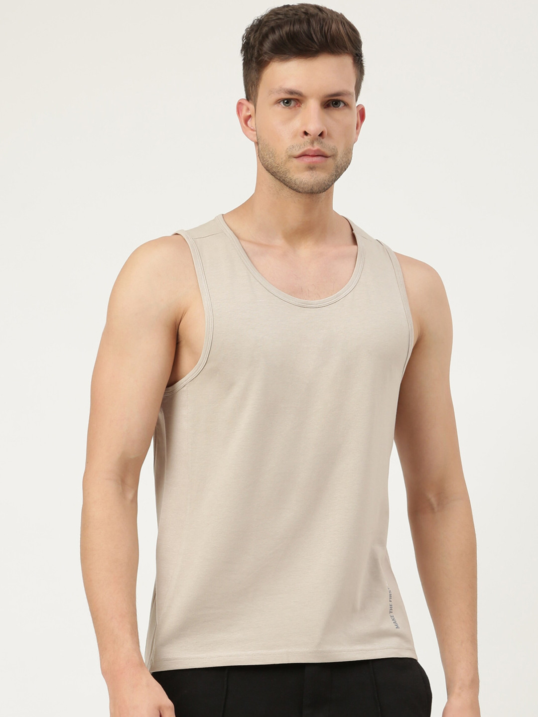 FREECULTR Men Beige Solid Bamboo Cotton Innerwear Gym Vests