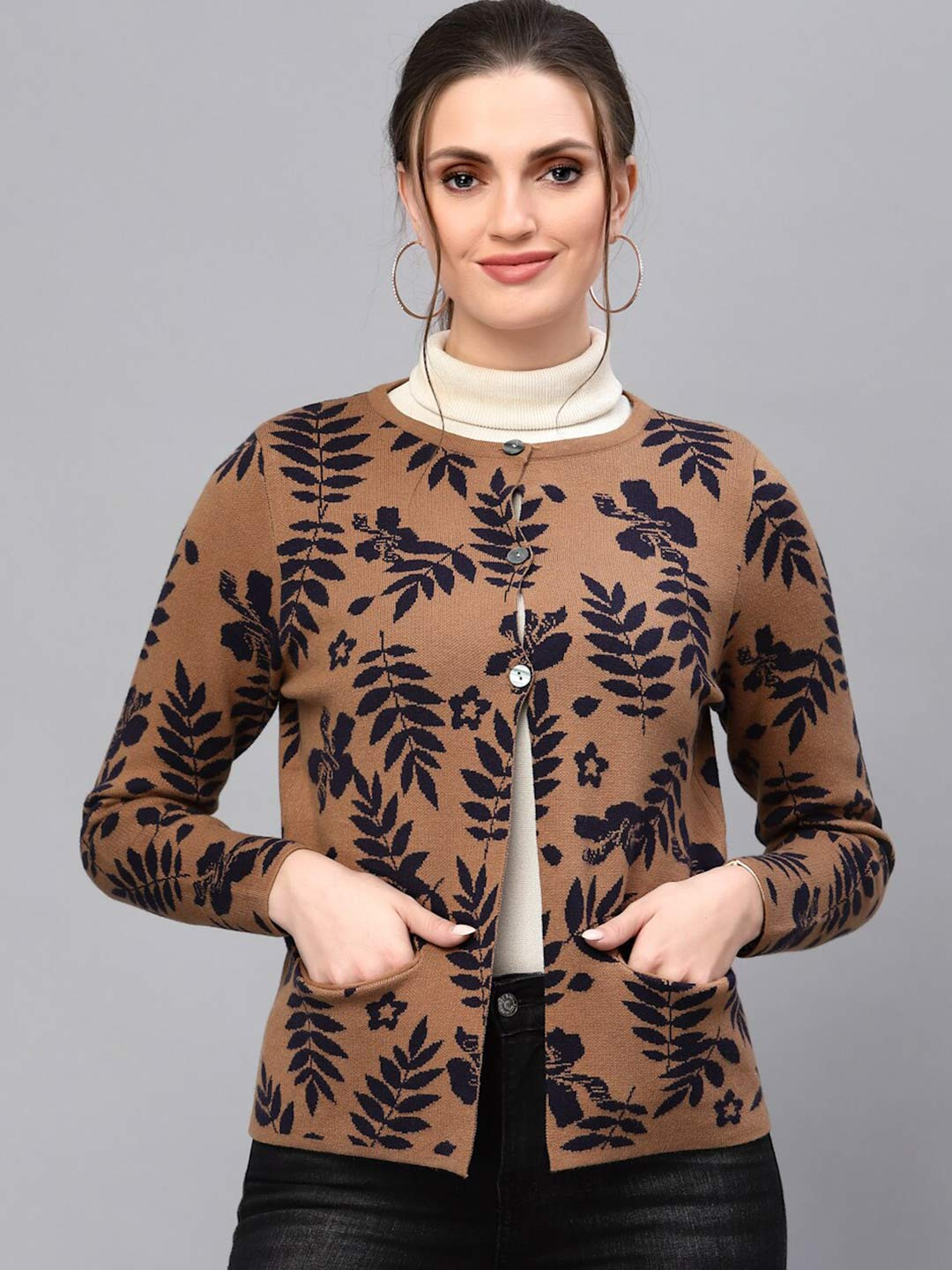 Mafadeny Women Camel Brown & Navy Blue Printed Nylon Cardigan