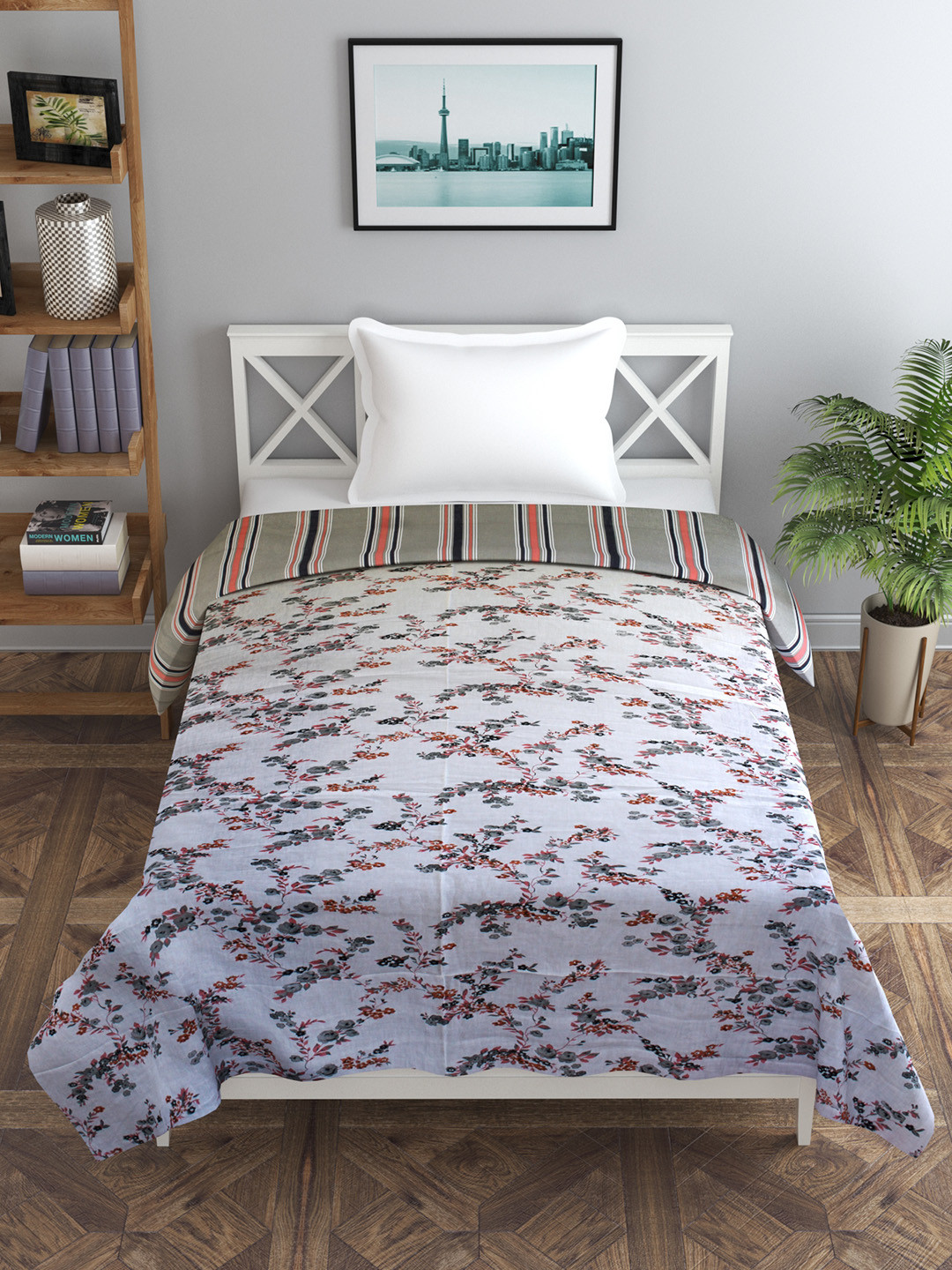 Trance home Linen Grey Peach 210 GSM Pure Cotton Reversible Single Bed Size Dohar