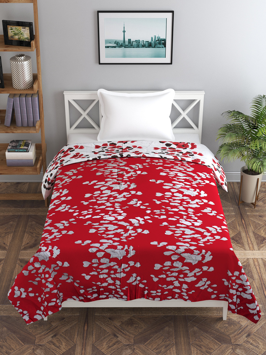 Trance home Linen Red White Leaves 210 GSM Pure Cotton Reversible Single Bed Size Dohar