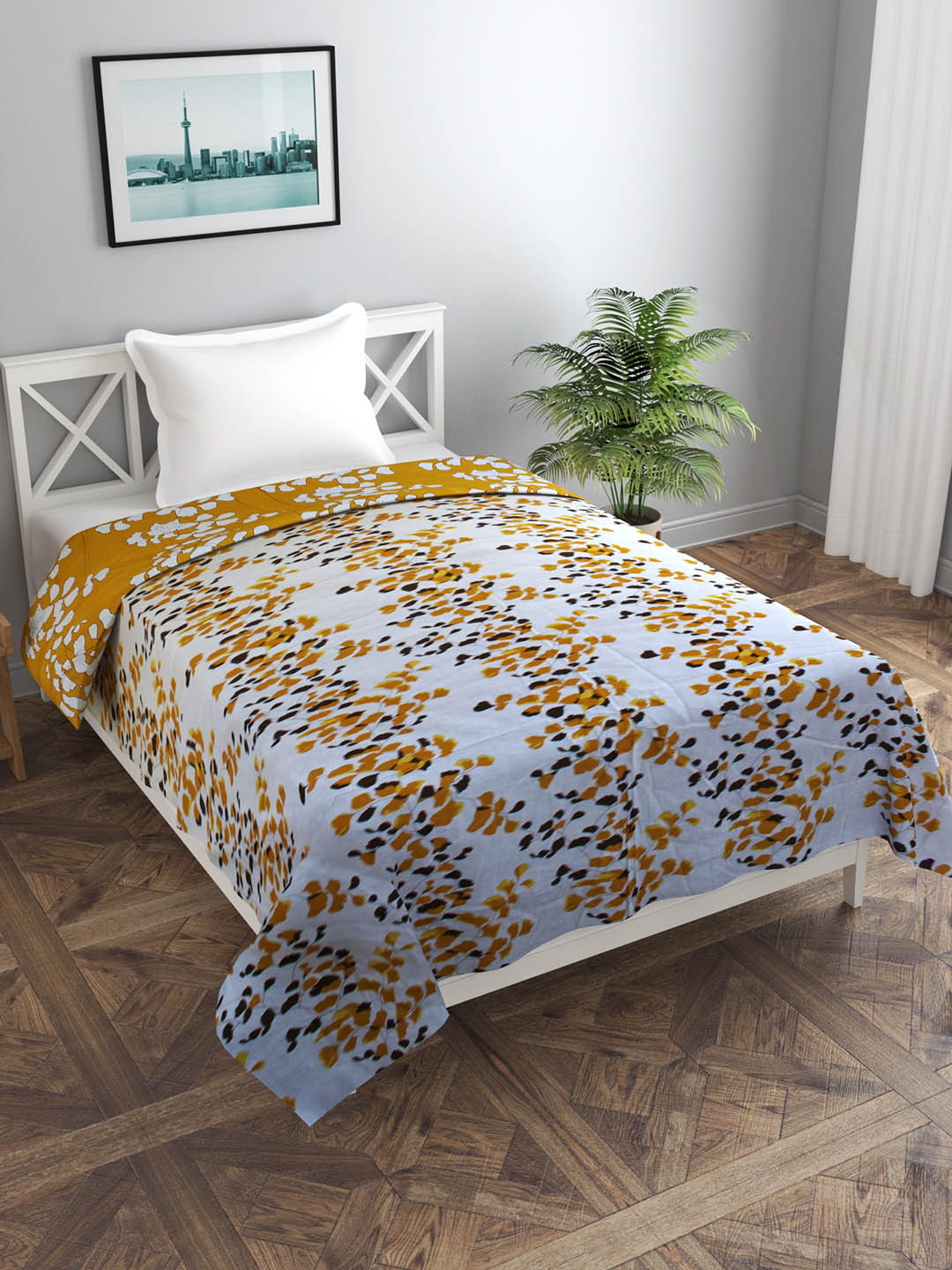 Trance home Linen Mustard White Leaves 210 GSM Pure Cotton Reversible Single Bed Size Dohar