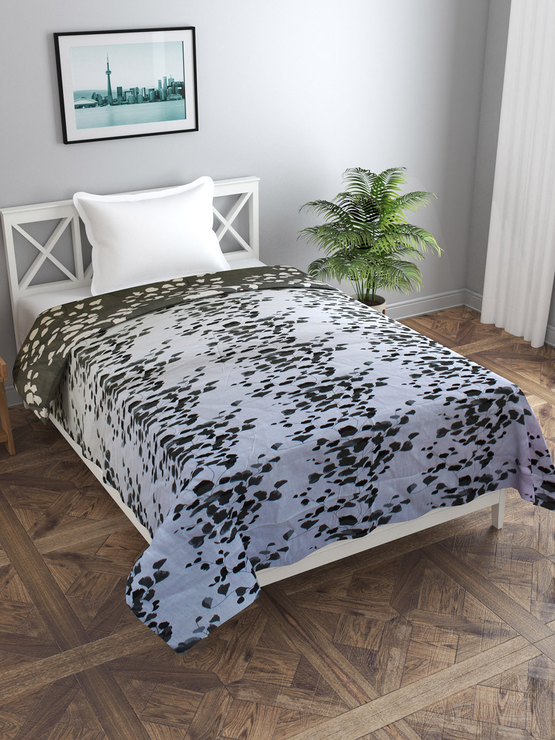 Trance home Linen Grey White Leaves 210 GSM Pure Cotton Reversible Single Bed Size Dohar