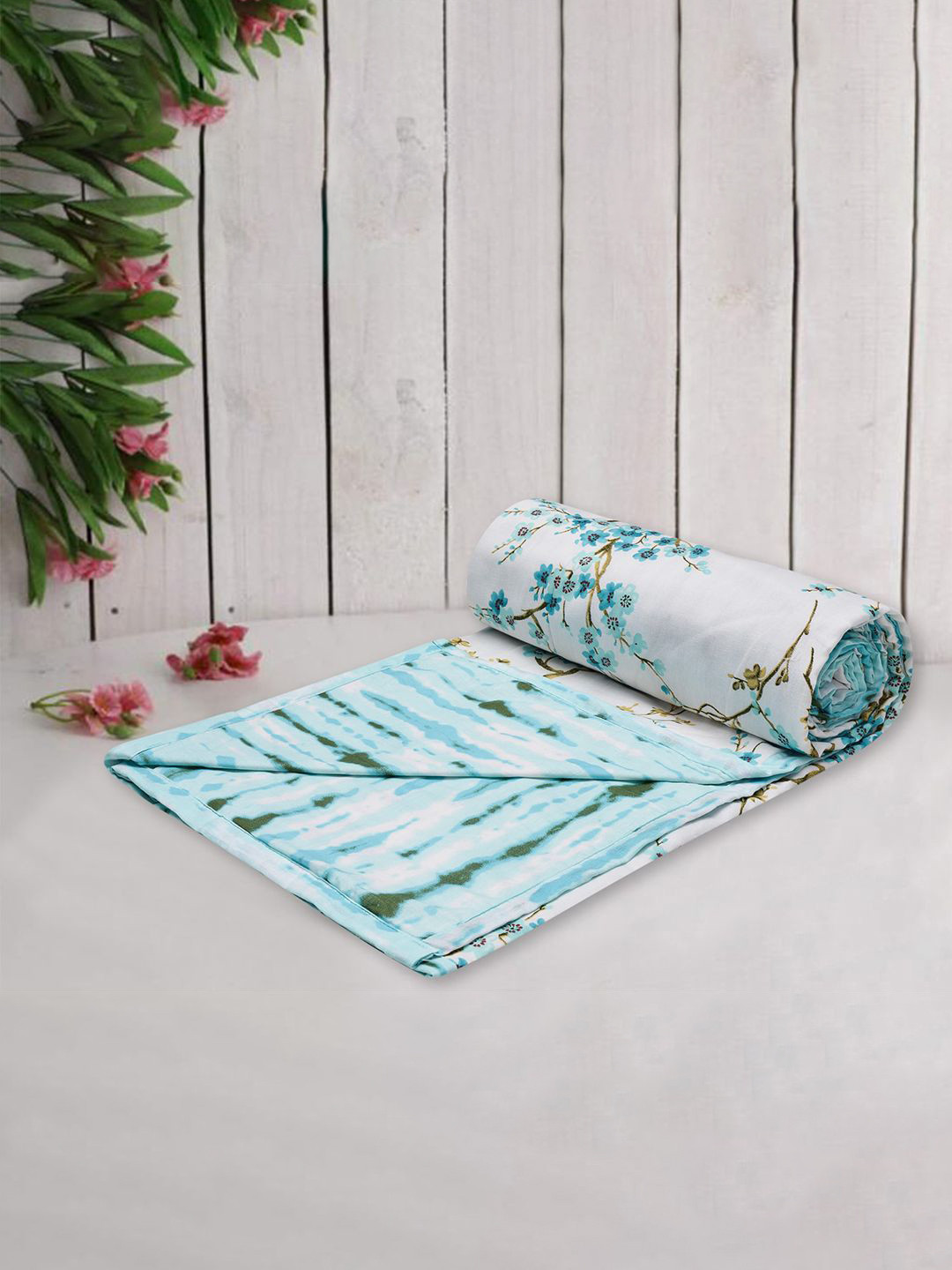 Trance home Linen Akira Turquoise 210 GSM Pure Cotton Reversible Single Bed Size Dohar