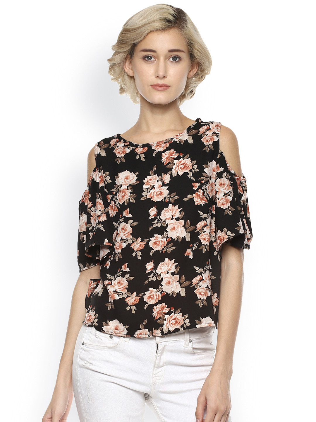 Harpa Women Black Floral Print Cold Shoulder Top