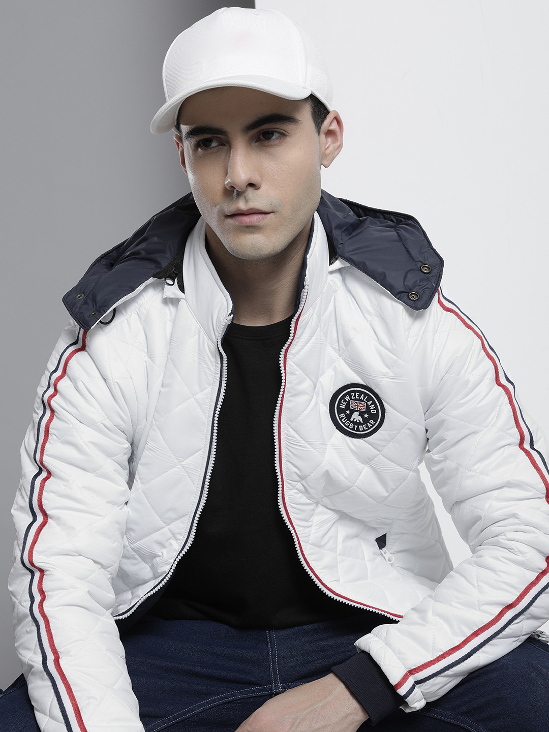 The Indian Garage Co Men Striped Detachable Hood Quilted Jacket