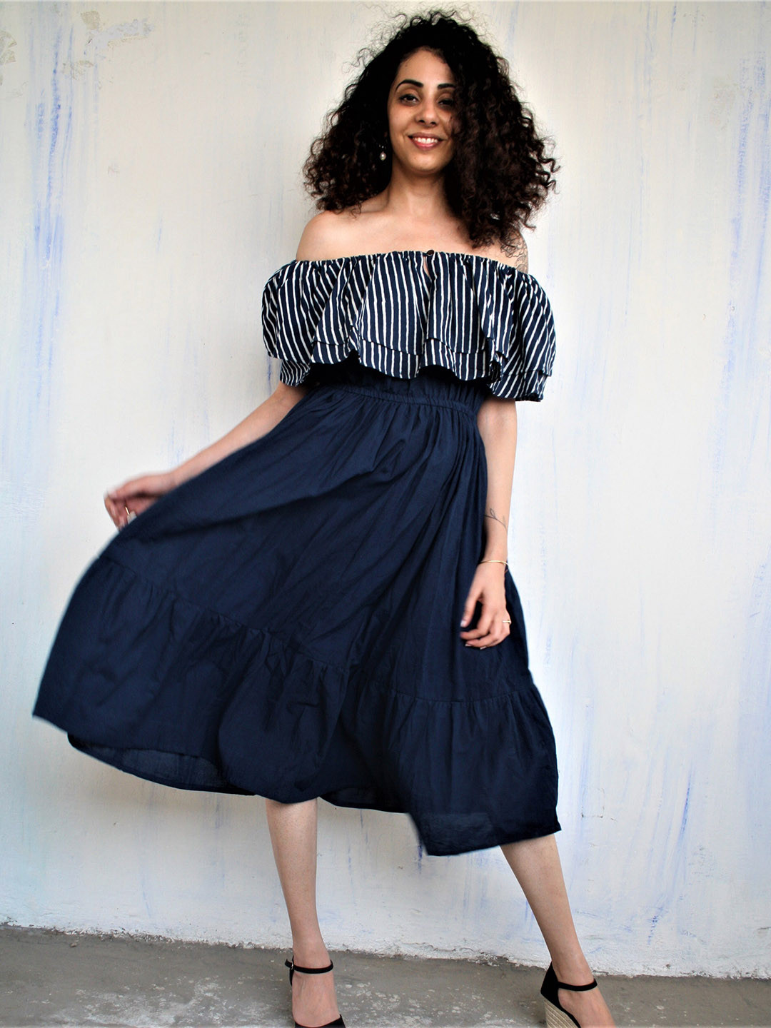 Chidiyaa Blue Off-Shoulder A-Line Midi Dress