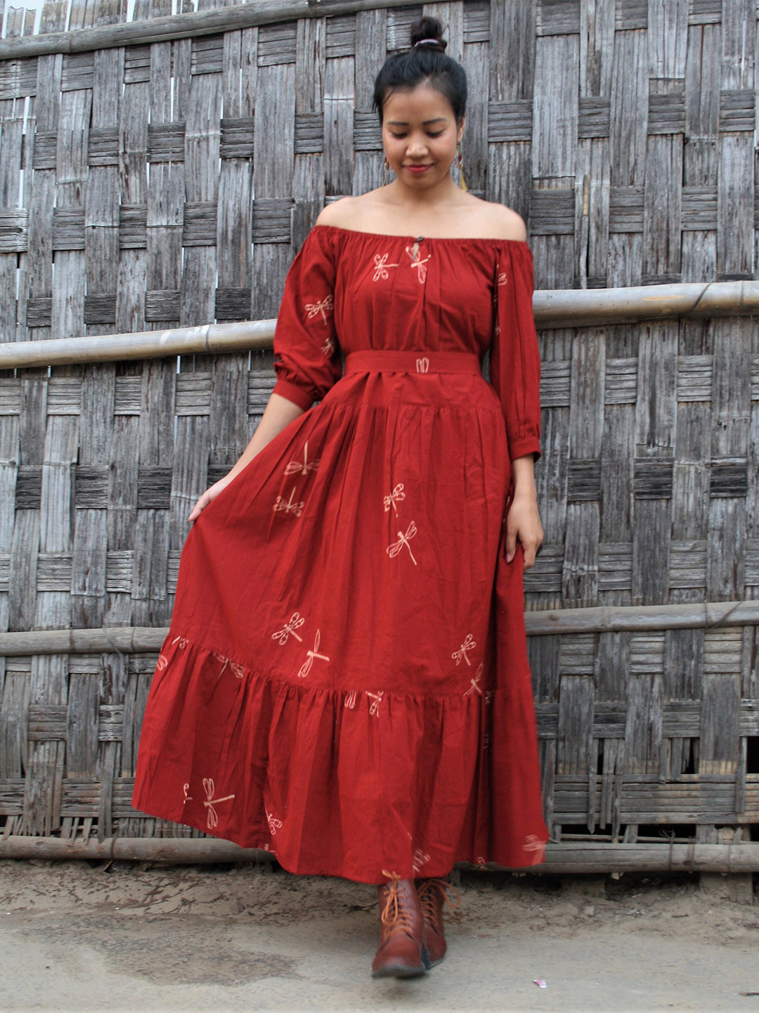 Chidiyaa Red & White Printed Off-Shoulder Maxi Dress