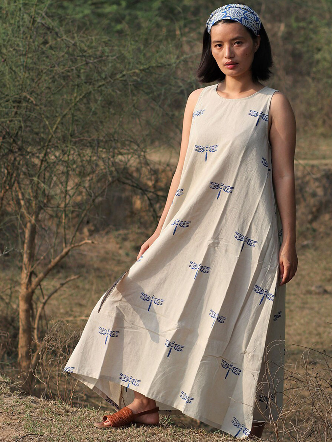 Chidiyaa Blue & Beige Dragonfly Block Printed Maxi Dress