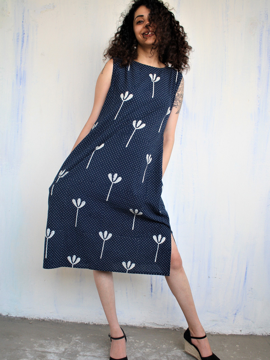 Chidiyaa Navy Blue Floral A-Line Midi Dress