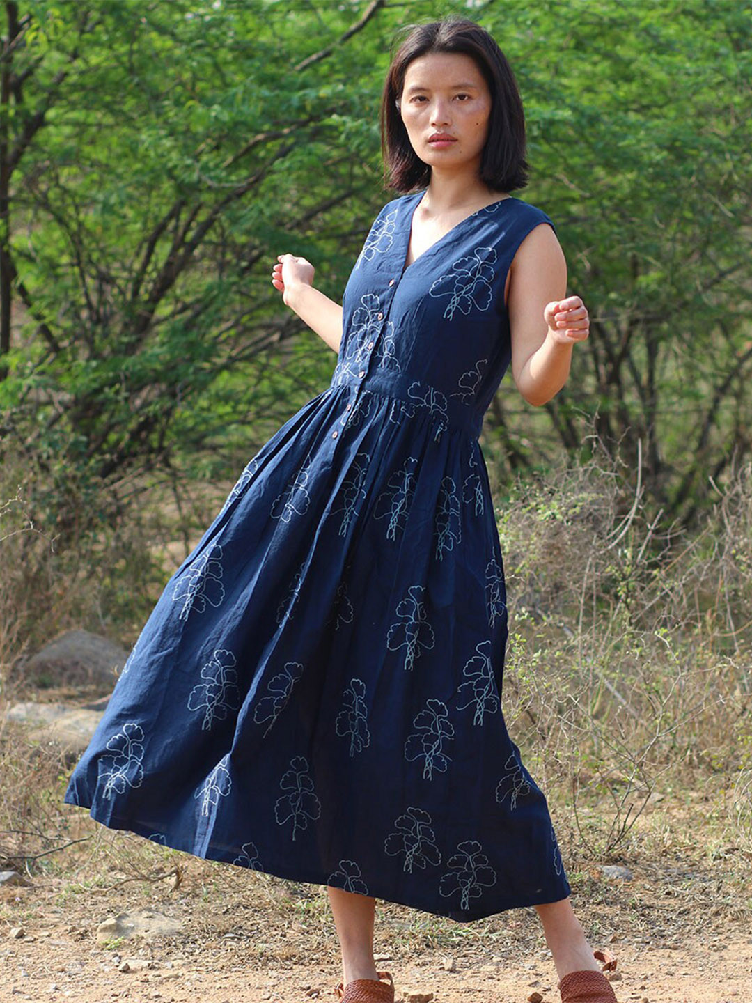 Chidiyaa Blue Block Printed Midi Dress