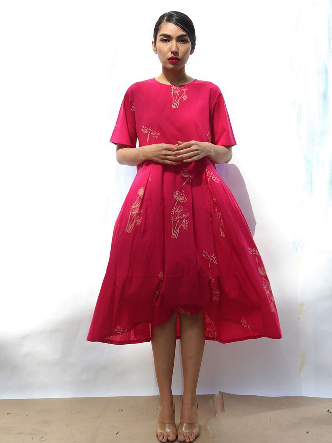 Chidiyaa Pink Floral Cotton Midi Dress