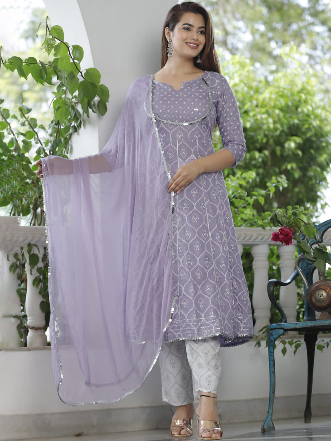 SINGNI Women Purple Ethnic Motifs Printed Empire Kurta Set With Dupatta