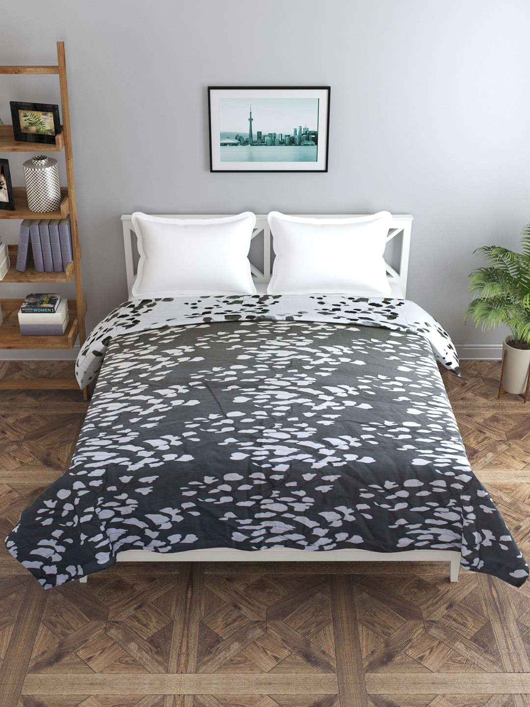 Trance home Linen Grey White Leaves 210 GSM Pure Cotton Reversible Double Bed Size Dohar