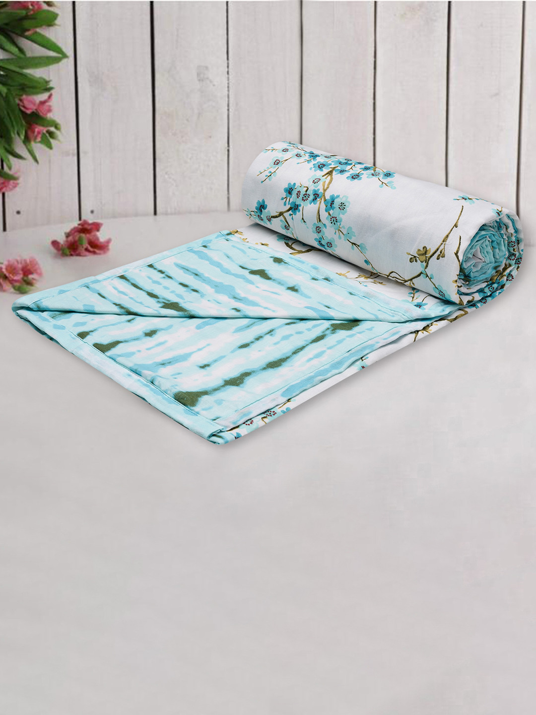 Trance home Linen Akira Turquoise 210 GSM Pure Cotton Reversible Double Bed Size Dohar