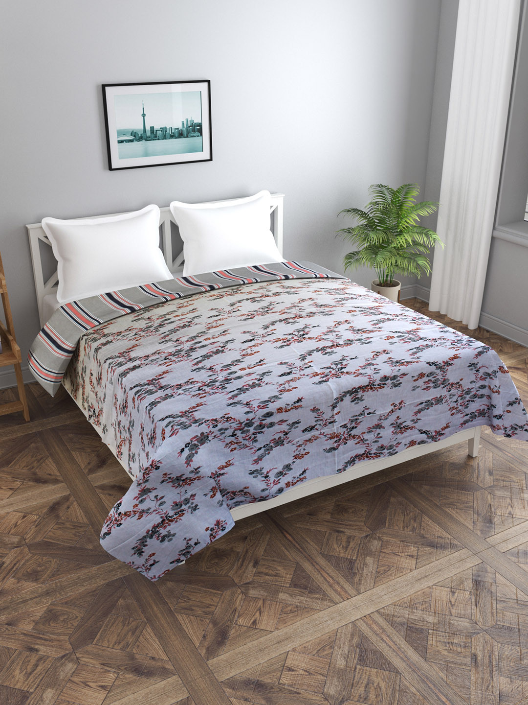 Trance home Linen Grey Peach 210 GSM Pure Cotton Reversible Double Bed Size Dohar