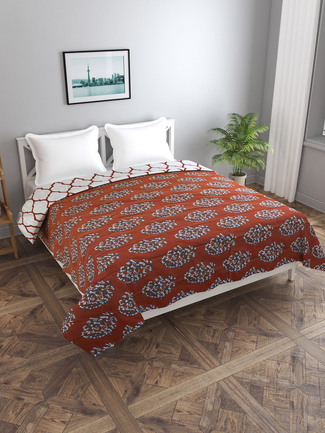 Trance home Linen Damask Clay Red 210 GSM Pure Cotton Reversible Double Bed Size Dohar