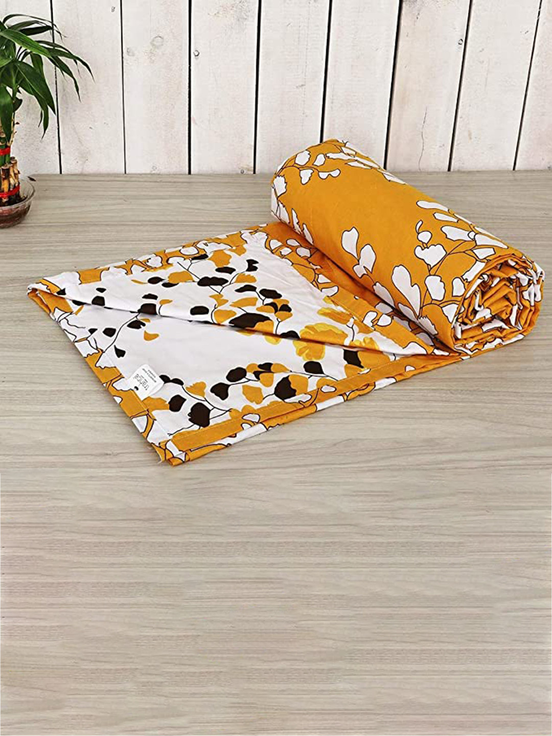 Trance home Linen Mustard White Leaves 210 GSM Pure Cotton Reversible Double Bed Size Dohar